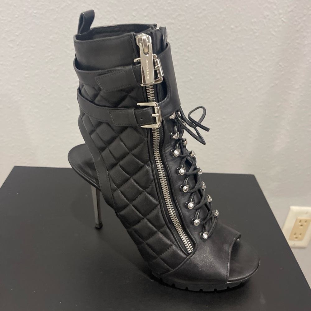 Michael Kors Black Quilted Lace Up Zip Stiletto Bootie Boots - Picture 15 of 15